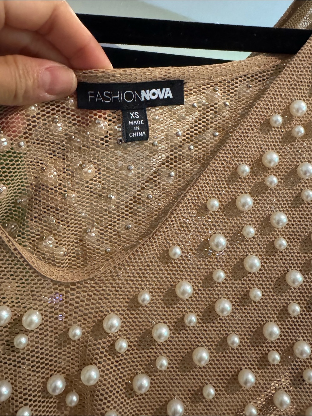 Fashion Nova Nude Pearl-Embellished Mesh Top
